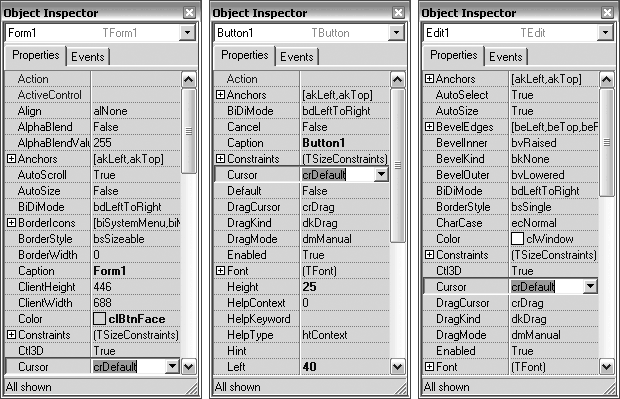Инспектор объекта Delphi со свойствами формы, кнопки и текстового поля