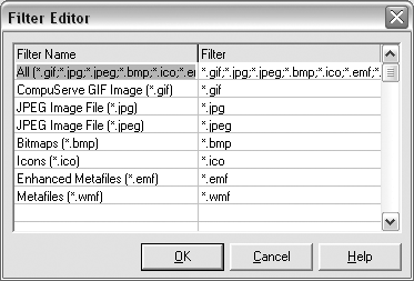 Редактор свойства Filter с данными по умолчанию для OpenPictureDialog